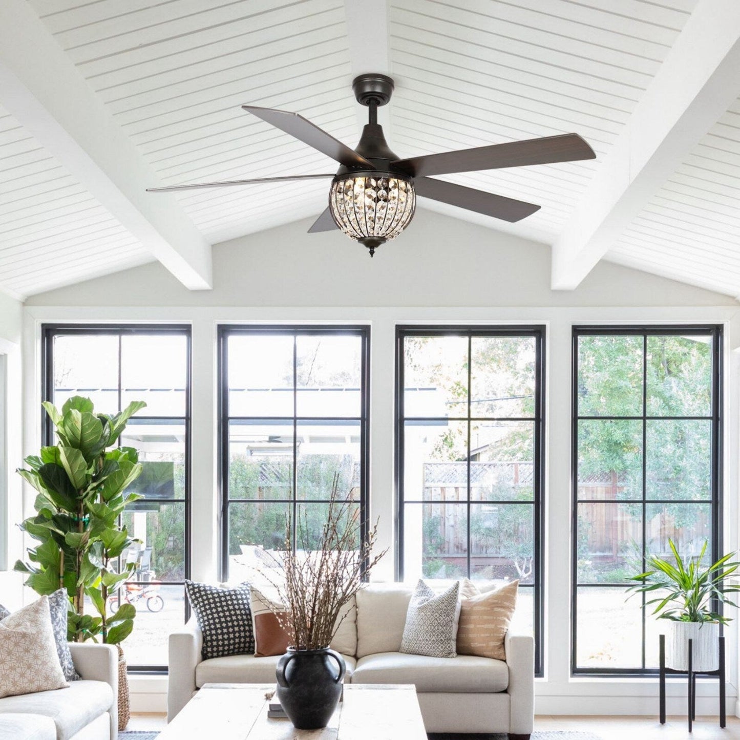 Ventilateur de plafond industriel en bois noir à 5 pales en cristal avec télécommande