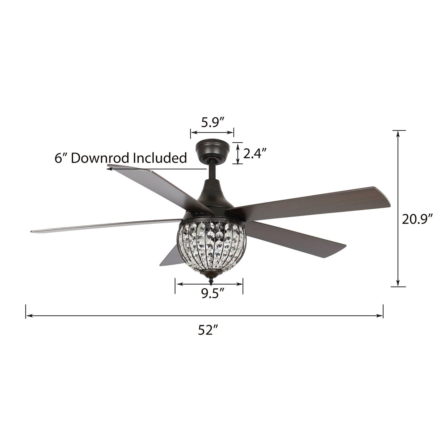 Ventilateur de plafond industriel en bois noir à 5 pales en cristal avec télécommande