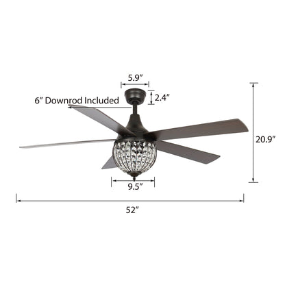 Ventilateur de plafond industriel en bois noir à 5 pales en cristal avec télécommande