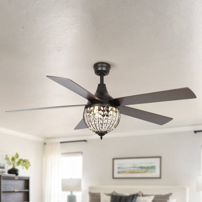 Ventilateur de plafond industriel en bois noir à 5 pales en cristal avec télécommande