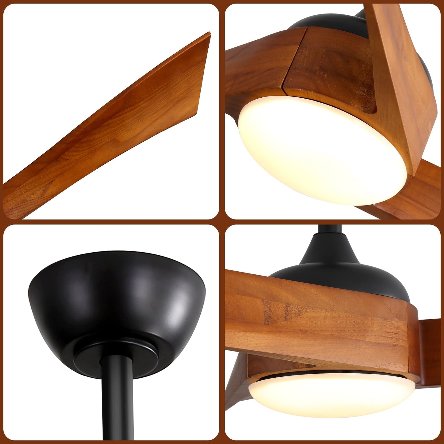 Ventilateurs de plafond à 3 pales en bois de 52 pouces avec éclairage LED à intensité variable et télécommande, moteur CC réversible à 6 vitesses
