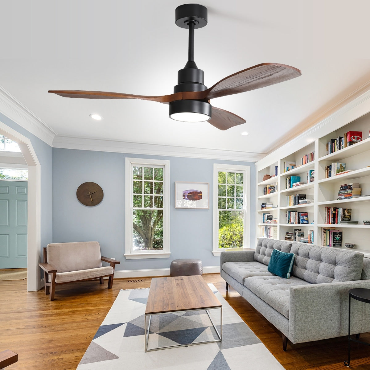 Ventilateur de plafond silencieux en bois de noyer 52/60/48 avec télécommande et éclairage intégré en option