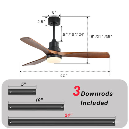 Ventilateur de plafond silencieux en bois de noyer 52/60/48 avec télécommande et éclairage intégré en option