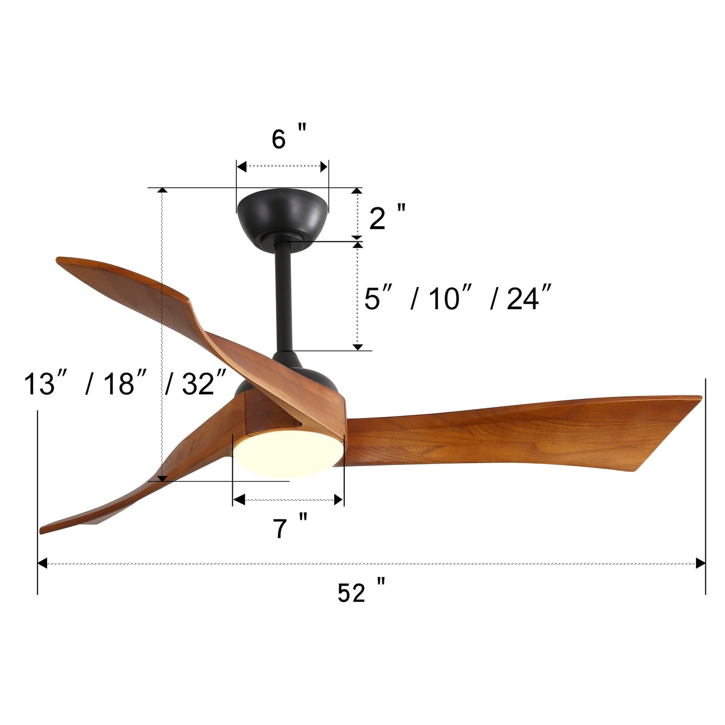 Ventilateur de plafond silencieux en bois de noyer 52/60/48 avec télécommande et éclairage intégré en option
