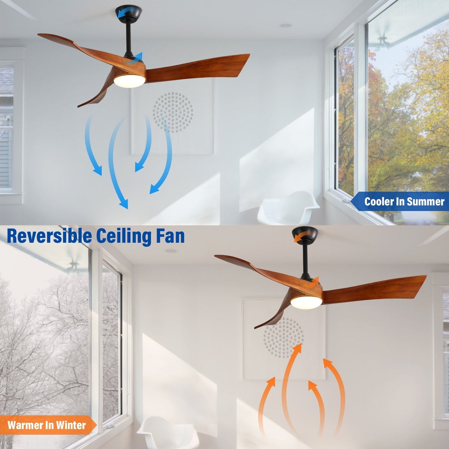 Ventilateur de plafond silencieux en bois de noyer 52/60/48 avec télécommande et éclairage intégré en option