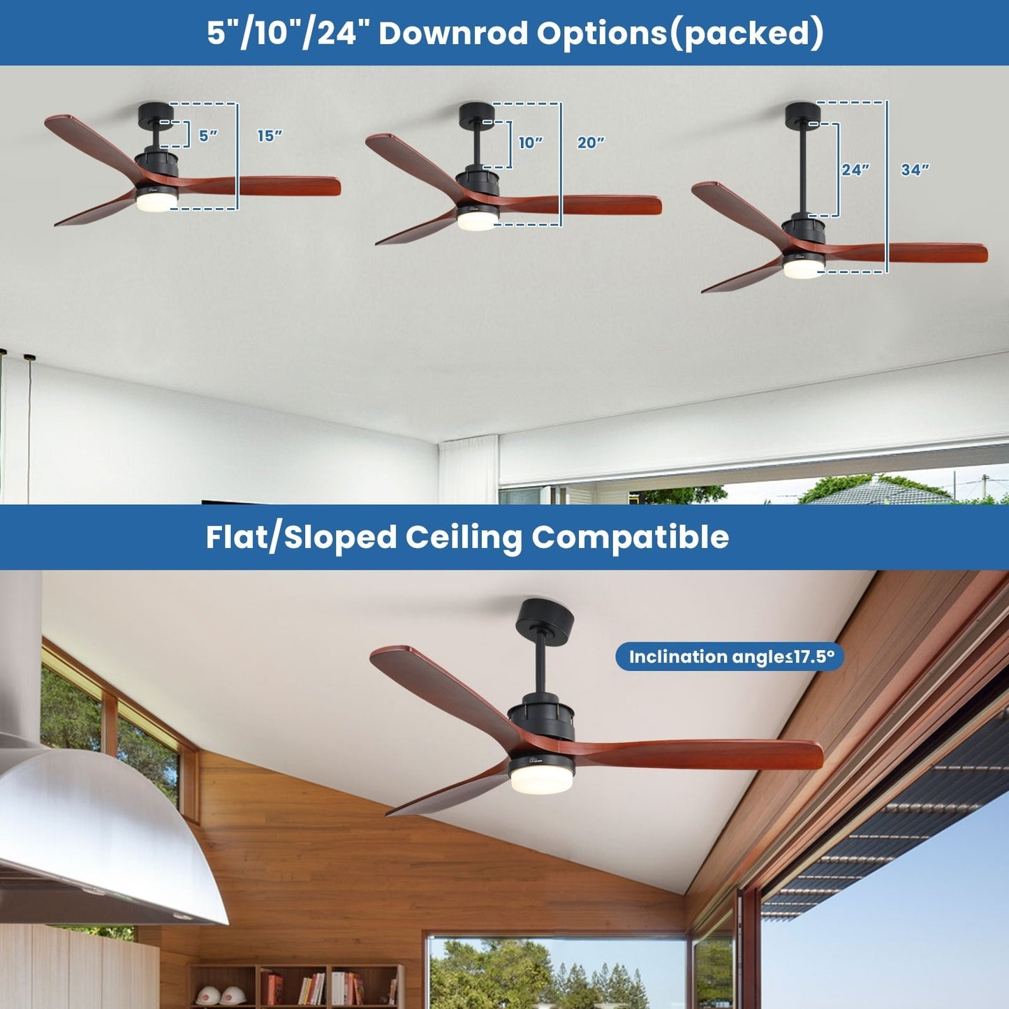 Ventilateur de plafond silencieux en bois de noyer 52/60/48 avec télécommande et éclairage intégré en option