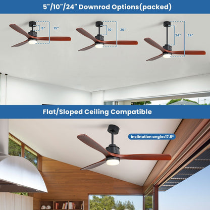 Ventilateur de plafond silencieux en bois de noyer 52/60/48 avec télécommande et éclairage intégré en option