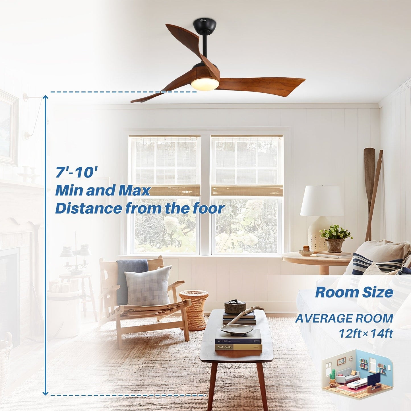Ventilateur de plafond silencieux en bois de noyer 52/60/48 avec télécommande et éclairage intégré en option
