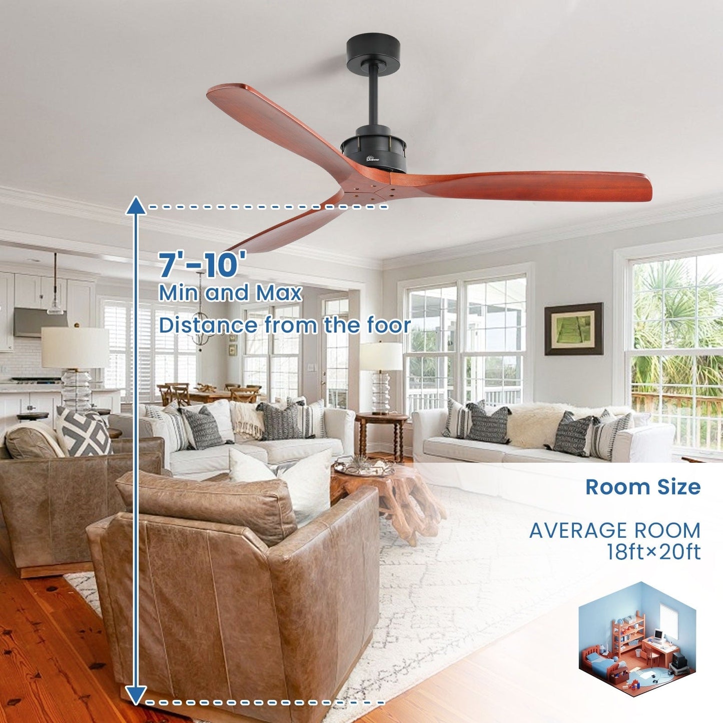 Ventilateur de plafond silencieux en bois de noyer 52/60/48 avec télécommande et éclairage intégré en option