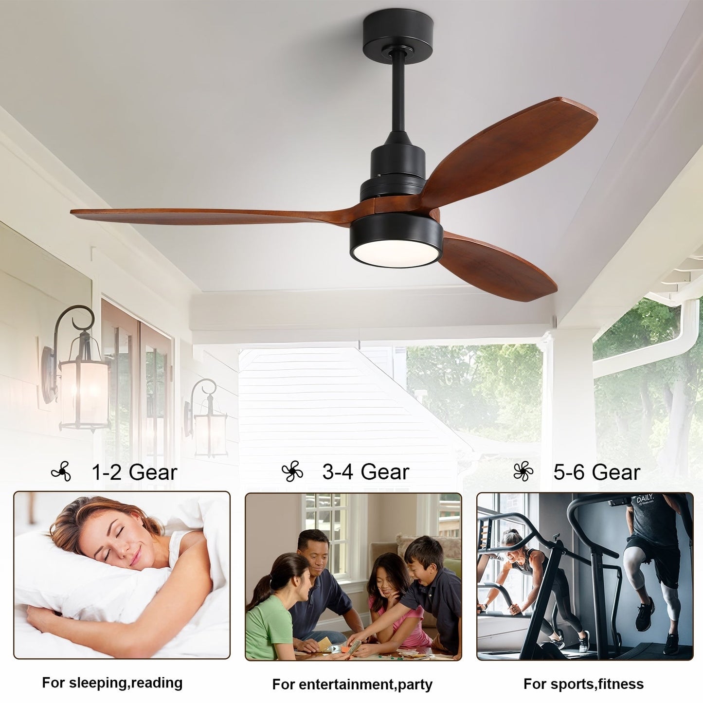 Ventilateur de plafond silencieux en bois de noyer 52/60/48 avec télécommande et éclairage intégré en option