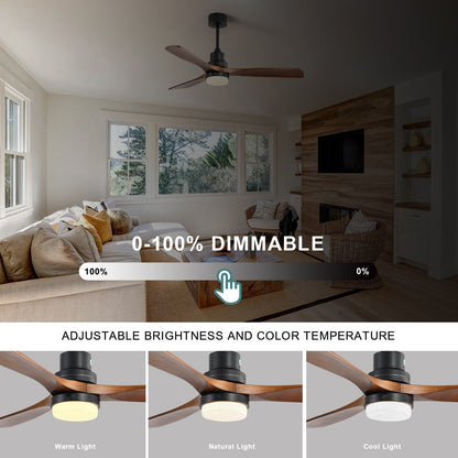 Ventilateur de plafond silencieux en bois de noyer 52/60/48 avec télécommande et éclairage intégré en option