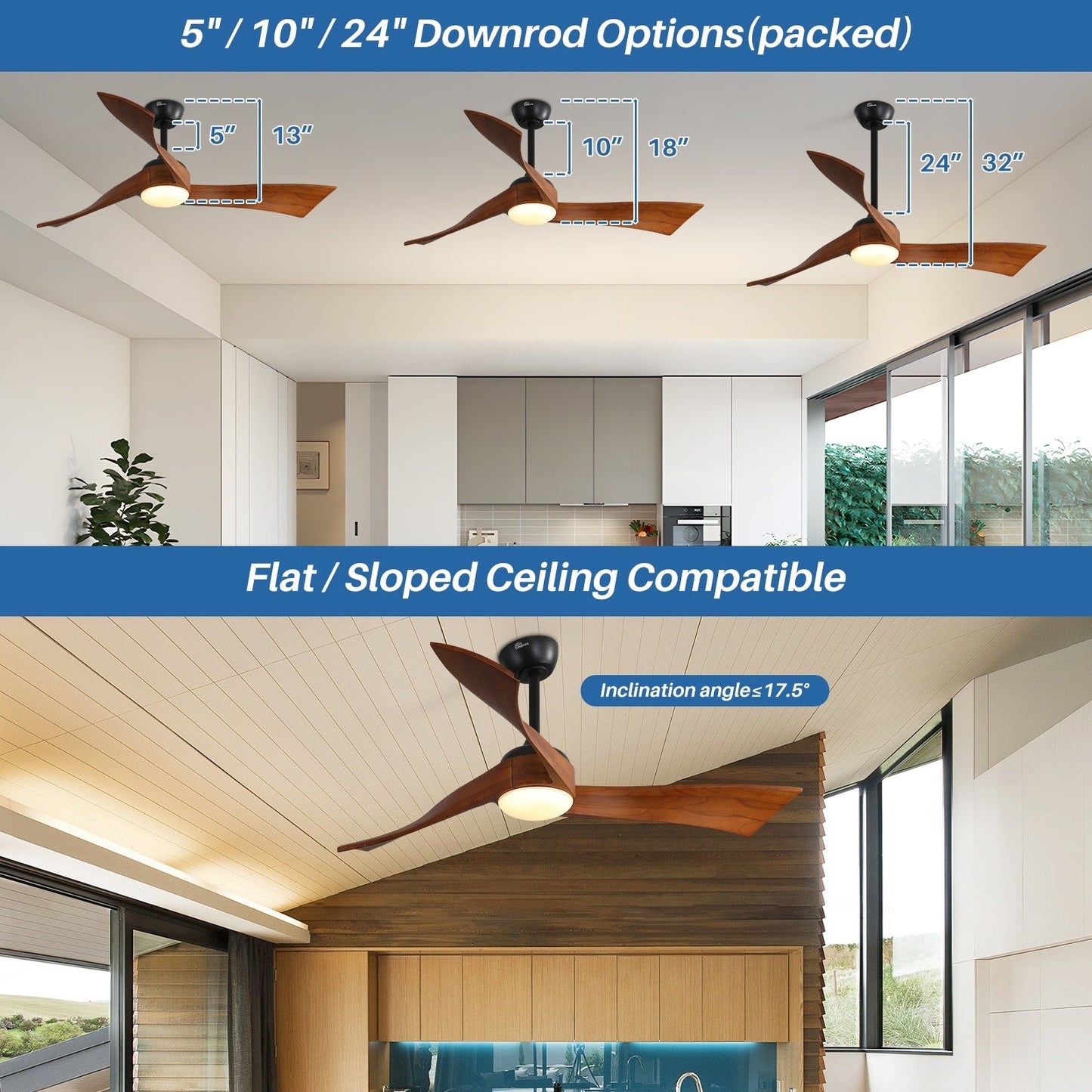 Ventilateur de plafond silencieux en bois de noyer 52/60/48 avec télécommande et éclairage intégré en option