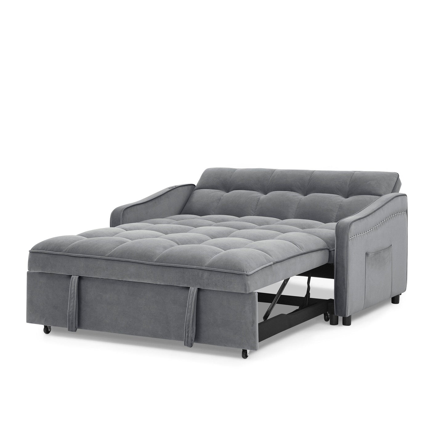 53 Foam Adjustable Loveseat Sofa Bed with Pull-Out Bed, USB/Type-C Charging, Copper Nail Trim, and Arm Storage Pockets