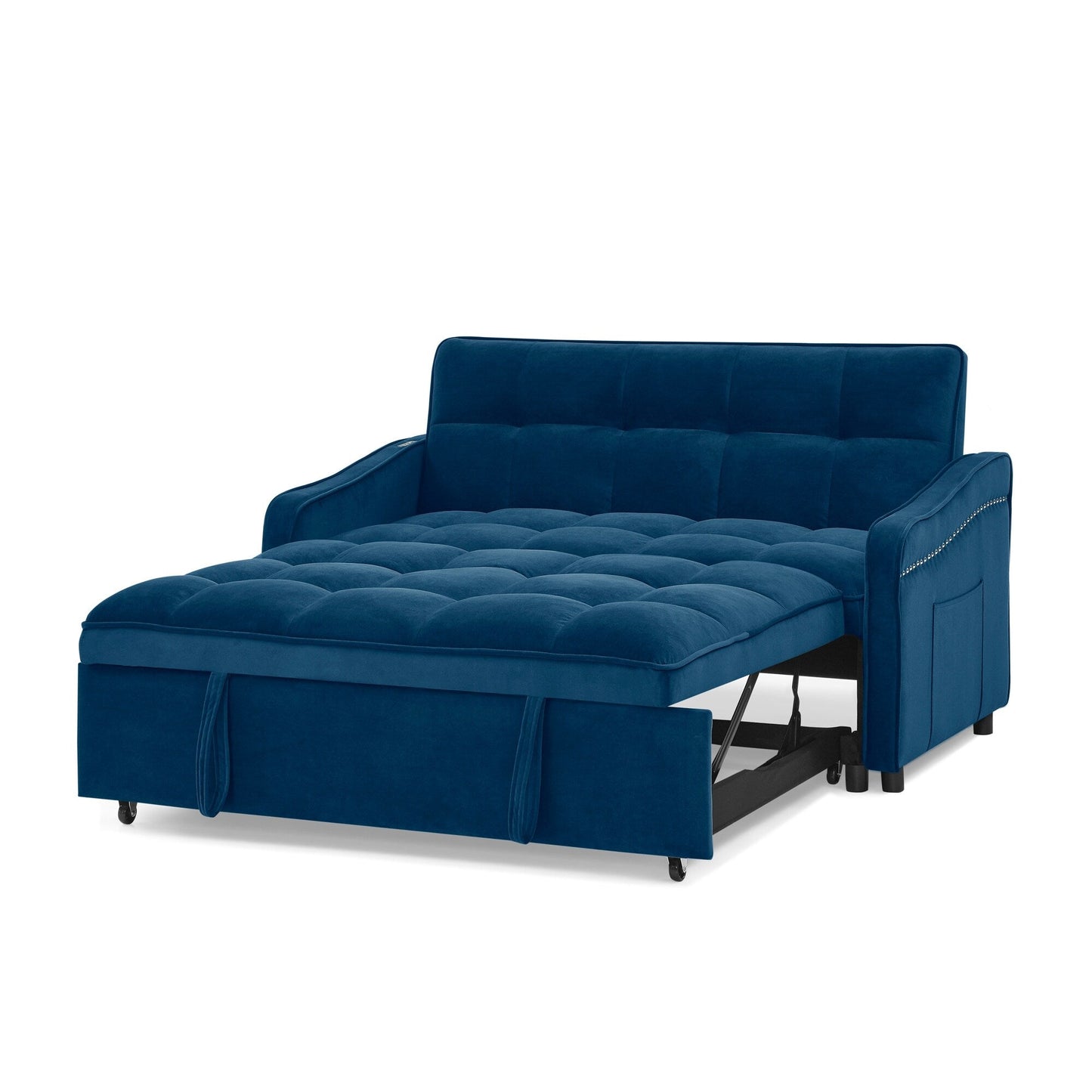 53 Foam Adjustable Loveseat Sofa Bed with Pull-Out Bed, USB/Type-C Charging, Copper Nail Trim, and Arm Storage Pockets