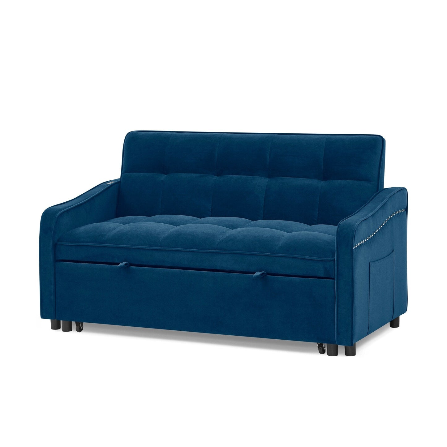 53 Foam Adjustable Loveseat Sofa Bed with Pull-Out Bed, USB/Type-C Charging, Copper Nail Trim, and Arm Storage Pockets