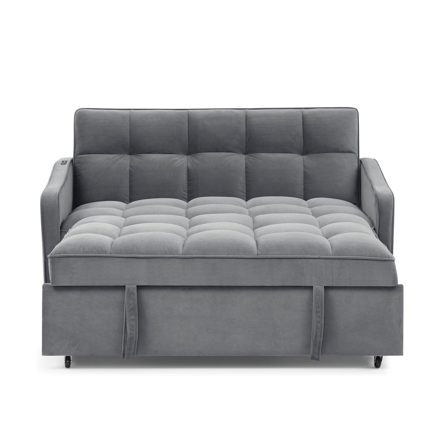 53 Foam Adjustable Loveseat Sofa Bed with Pull-Out Bed, USB/Type-C Charging, Copper Nail Trim, and Arm Storage Pockets