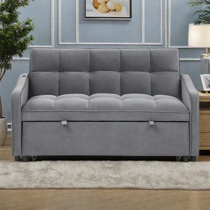 53 Foam Adjustable Loveseat Sofa Bed with Pull-Out Bed, USB/Type-C Charging, Copper Nail Trim, and Arm Storage Pockets