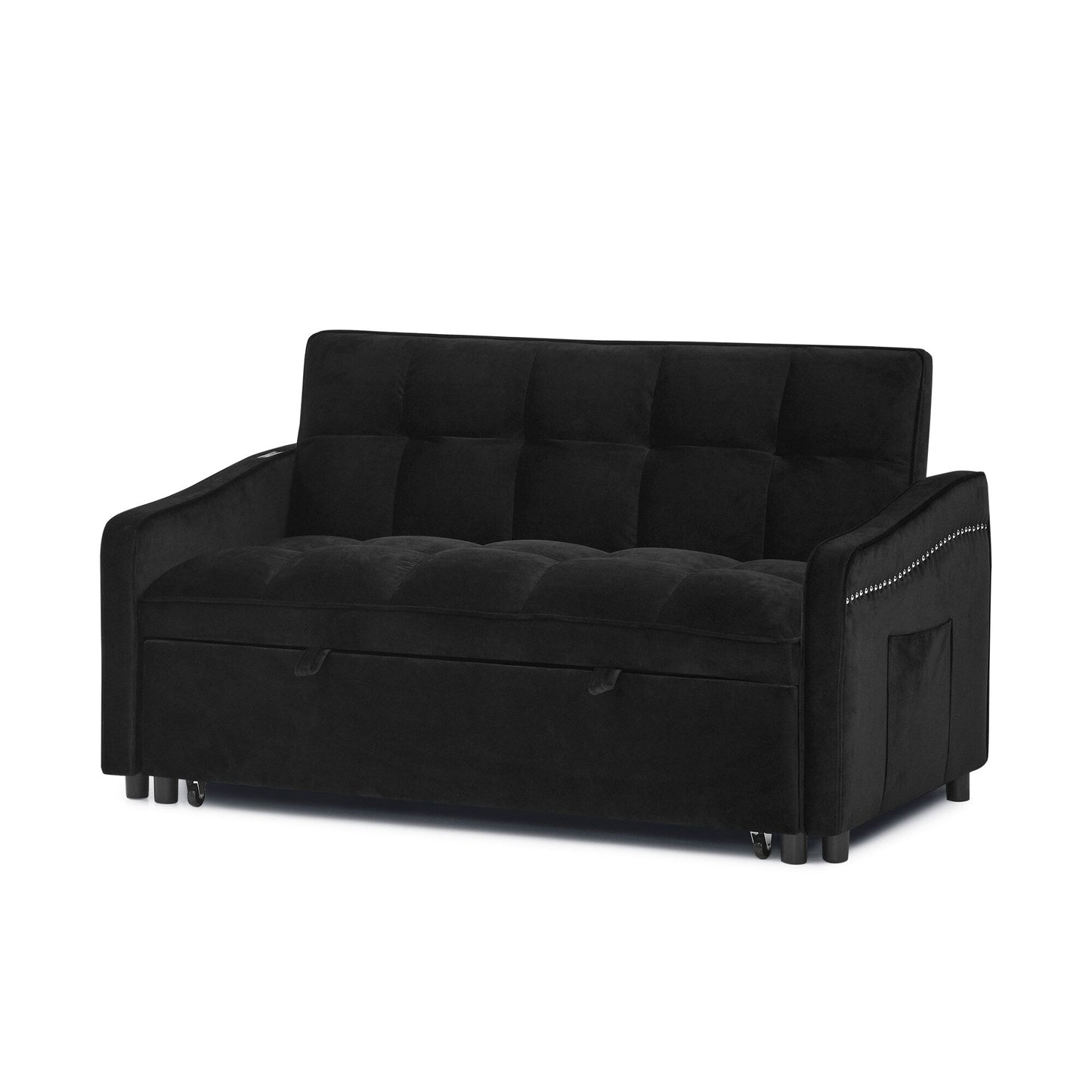 53 Foam Adjustable Loveseat Sofa Bed with Pull-Out Bed, USB/Type-C Charging, Copper Nail Trim, and Arm Storage Pockets