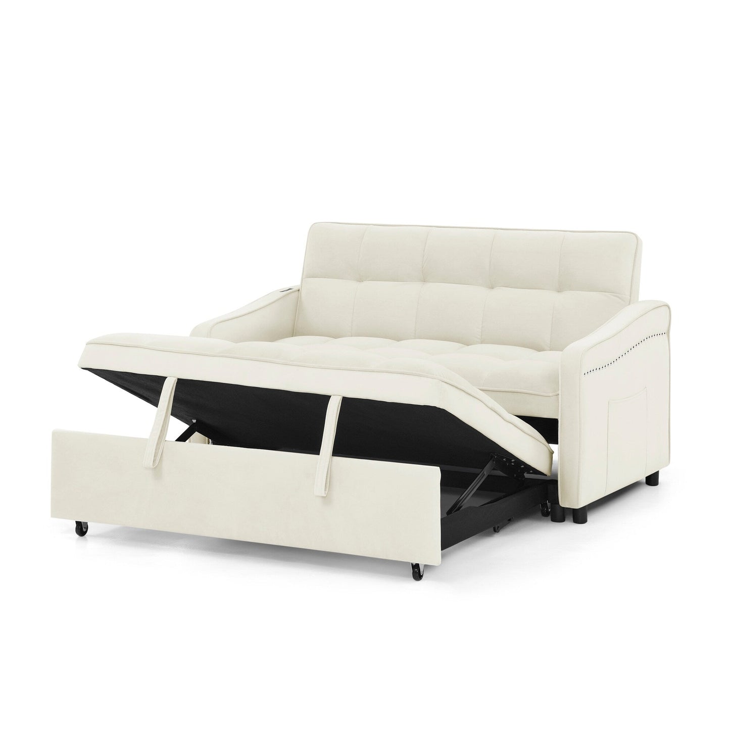 53 Foam Adjustable Loveseat Sofa Bed with Pull-Out Bed, USB/Type-C Charging, Copper Nail Trim, and Arm Storage Pockets