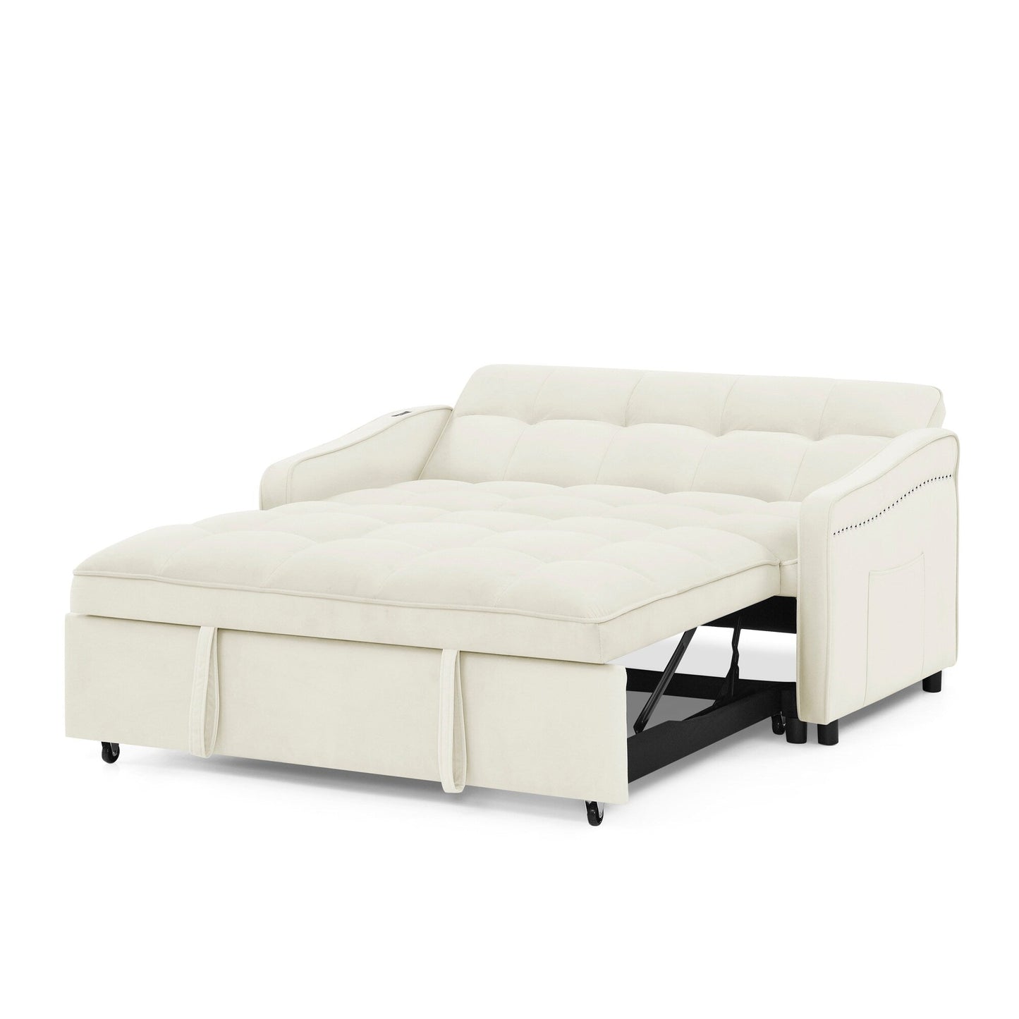 53 Foam Adjustable Loveseat Sofa Bed with Pull-Out Bed, USB/Type-C Charging, Copper Nail Trim, and Arm Storage Pockets