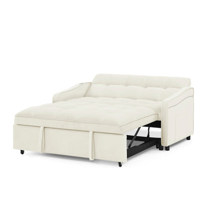 53 Foam Adjustable Loveseat Sofa Bed with Pull-Out Bed, USB/Type-C Charging, Copper Nail Trim, and Arm Storage Pockets