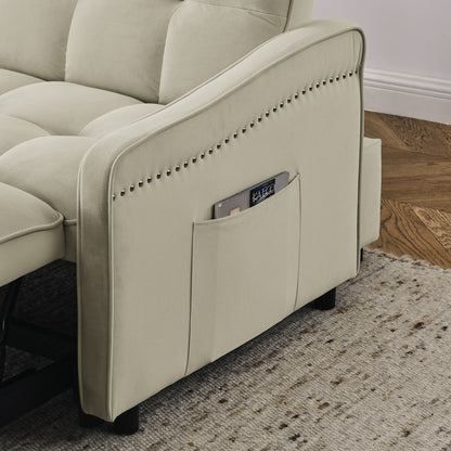 53 Foam Adjustable Loveseat Sofa Bed with Pull-Out Bed, USB/Type-C Charging, Copper Nail Trim, and Arm Storage Pockets