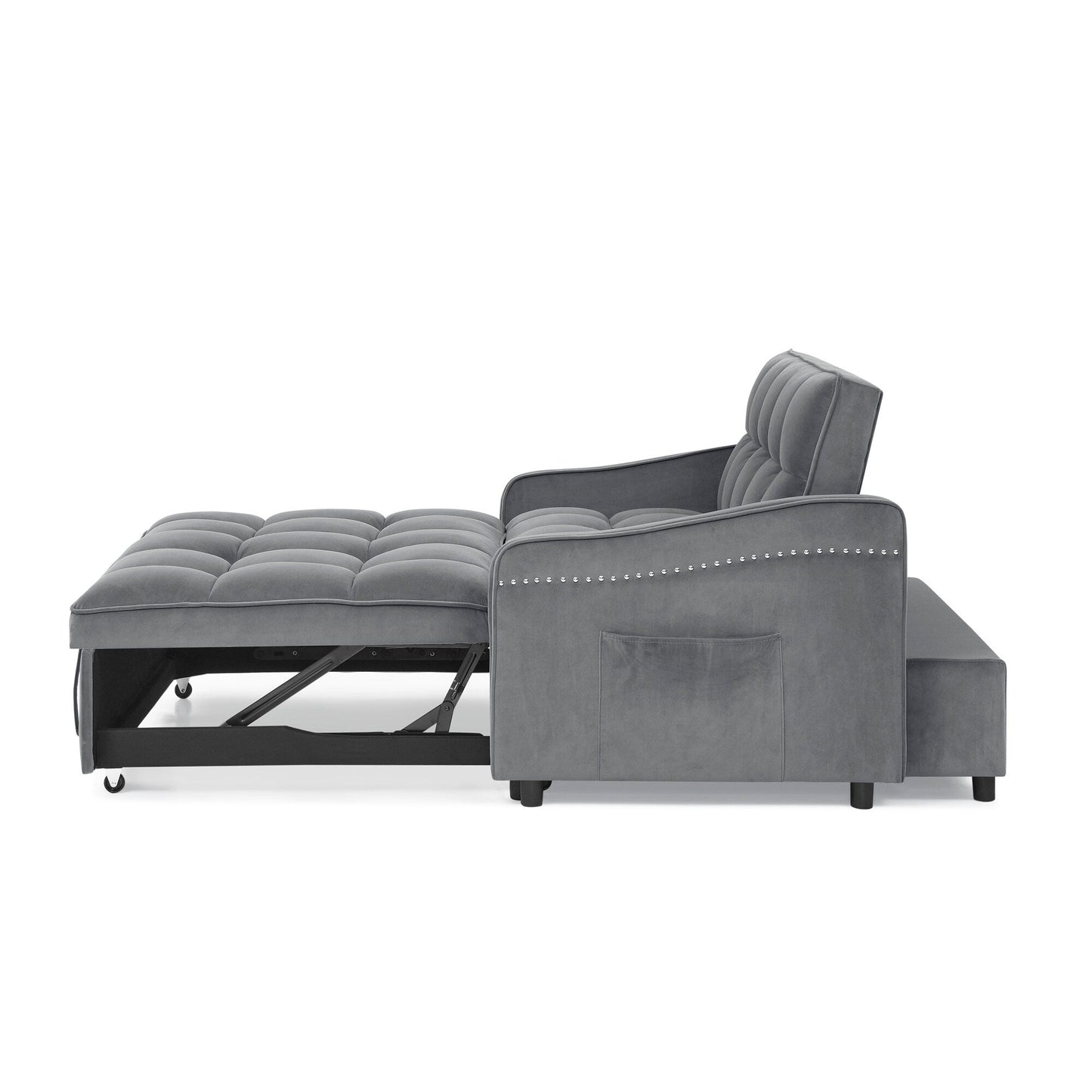 53 Foam Adjustable Loveseat Sofa Bed with Pull-Out Bed, USB/Type-C Charging, Copper Nail Trim, and Arm Storage Pockets