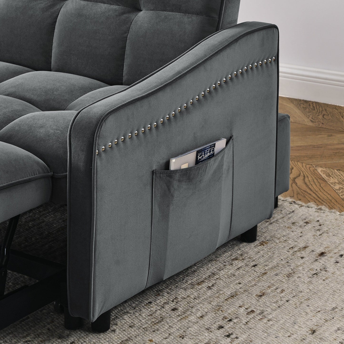 53 Foam Adjustable Loveseat Sofa Bed with Pull-Out Bed, USB/Type-C Charging, Copper Nail Trim, and Arm Storage Pockets
