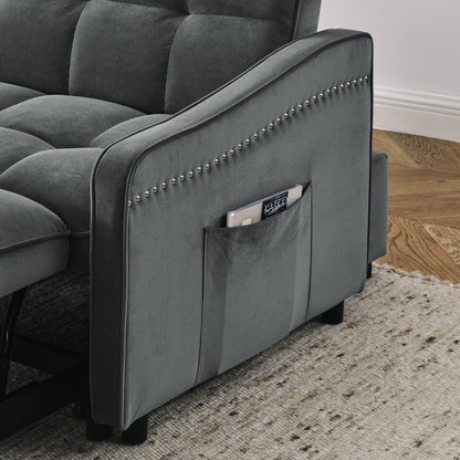 53 Foam Adjustable Loveseat Sofa Bed with Pull-Out Bed, USB/Type-C Charging, Copper Nail Trim, and Arm Storage Pockets