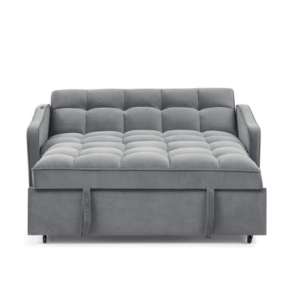 53 Foam Adjustable Loveseat Sofa Bed with Pull-Out Bed, USB/Type-C Charging, Copper Nail Trim, and Arm Storage Pockets