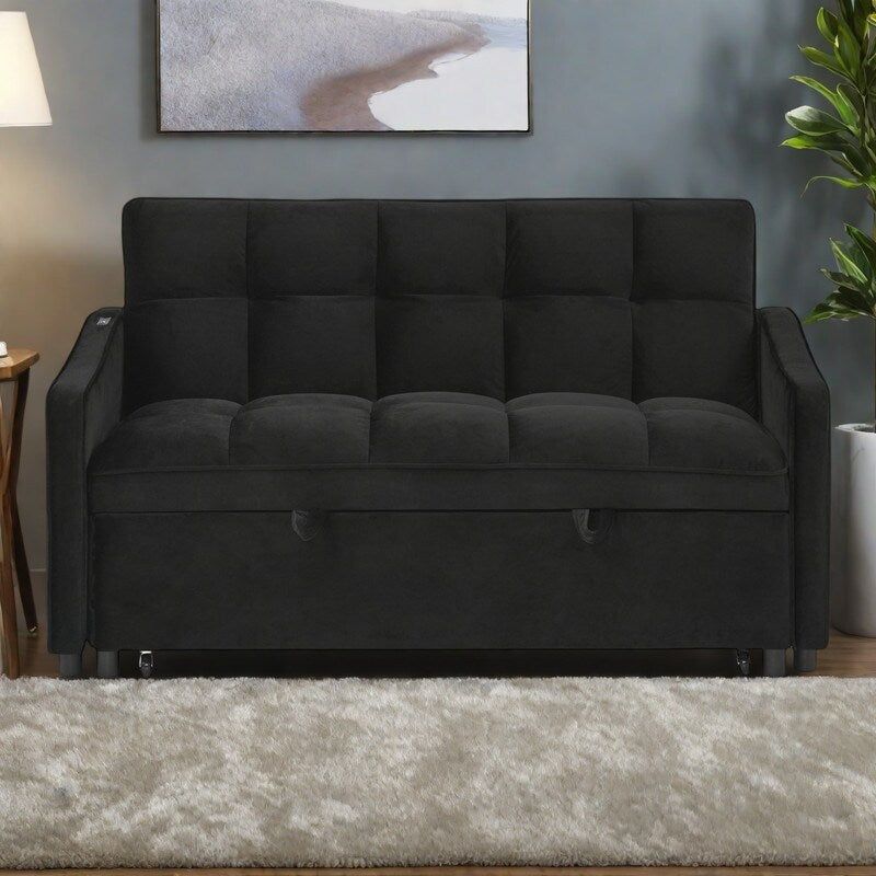 53 Foam Adjustable Loveseat Sofa Bed with Pull-Out Bed, USB/Type-C Charging, Copper Nail Trim, and Arm Storage Pockets