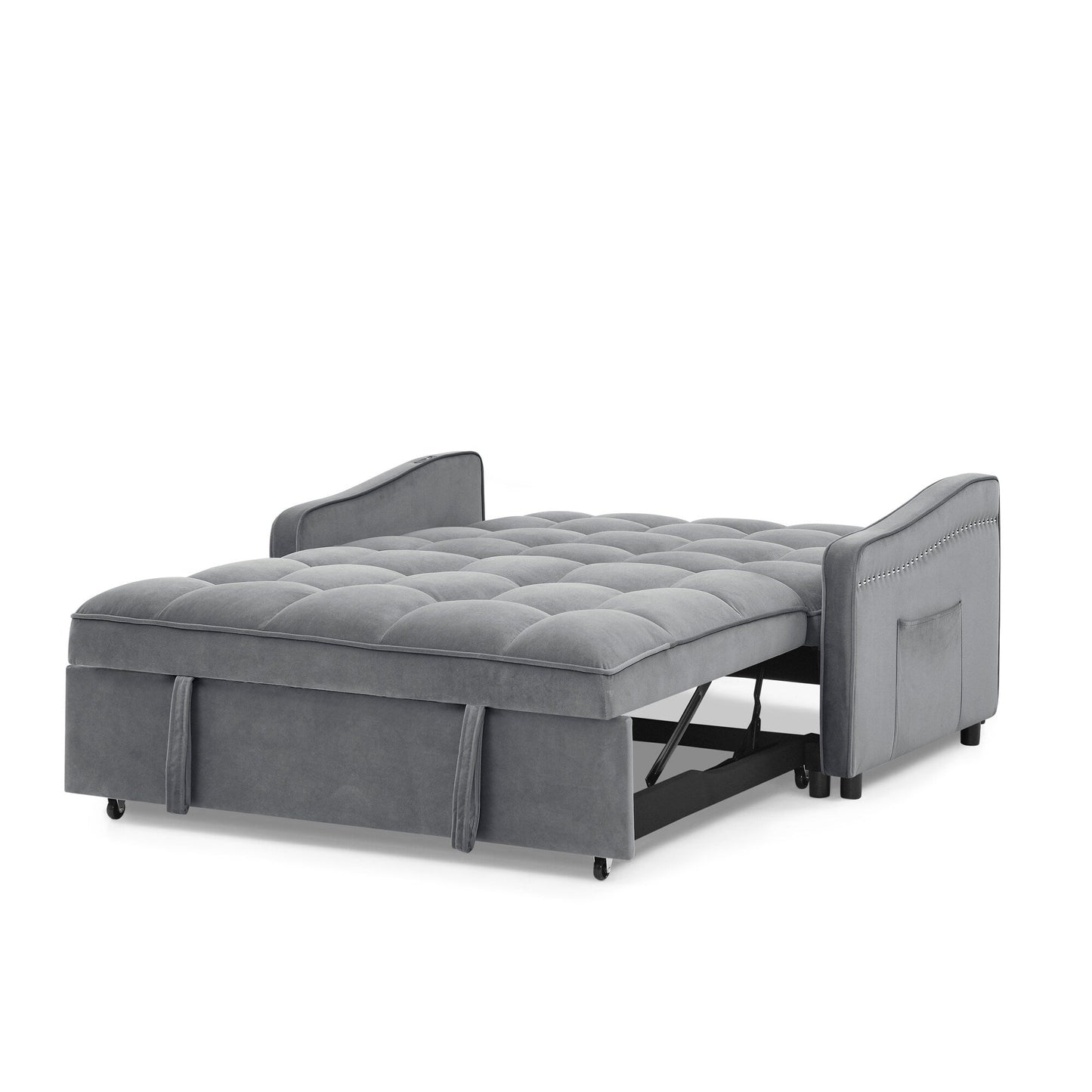 53 Foam Adjustable Loveseat Sofa Bed with Pull-Out Bed, USB/Type-C Charging, Copper Nail Trim, and Arm Storage Pockets
