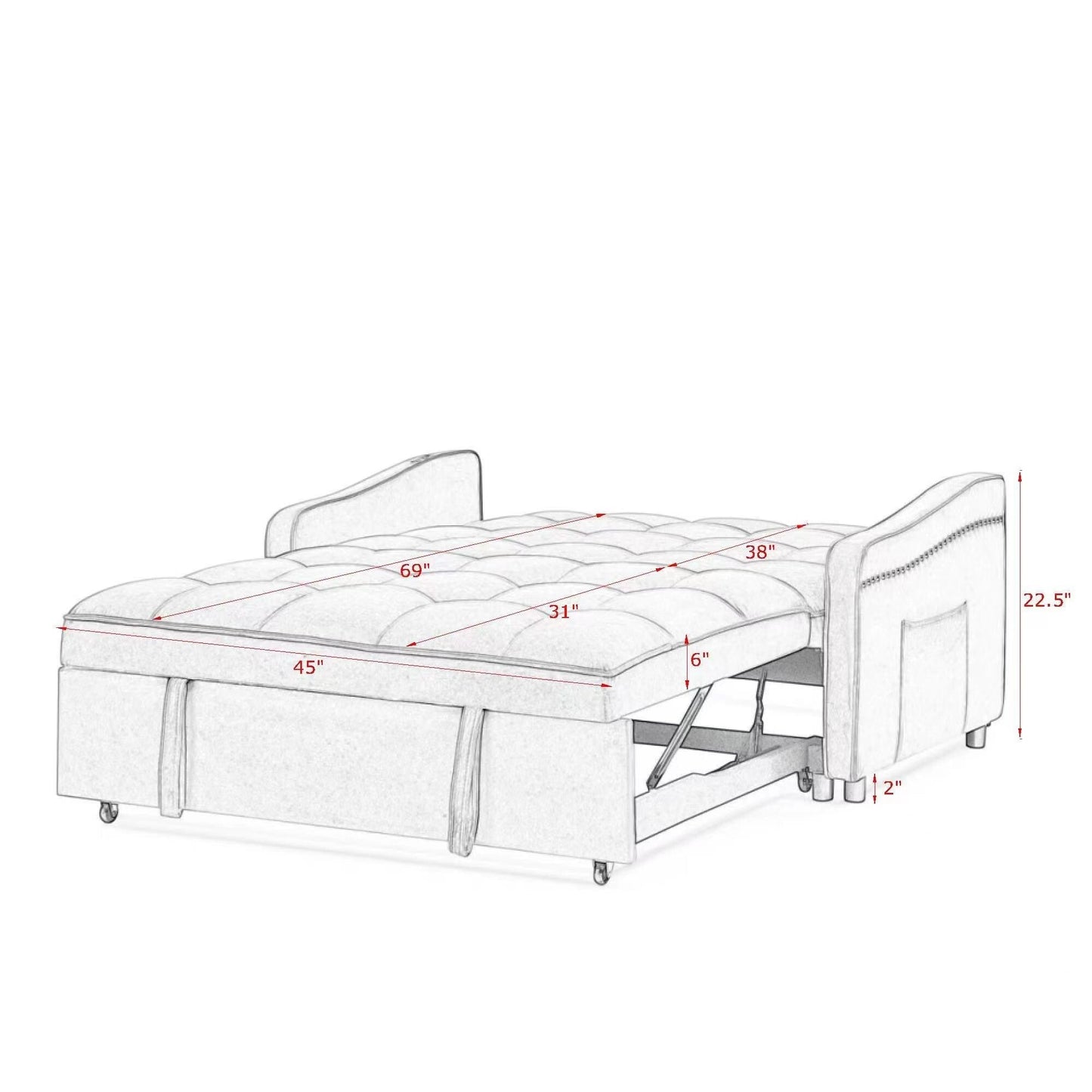 53 Foam Adjustable Loveseat Sofa Bed with Pull-Out Bed, USB/Type-C Charging, Copper Nail Trim, and Arm Storage Pockets