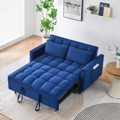55-inch Blue Velvet Sofa with Pockets 3-in-1 Convertible