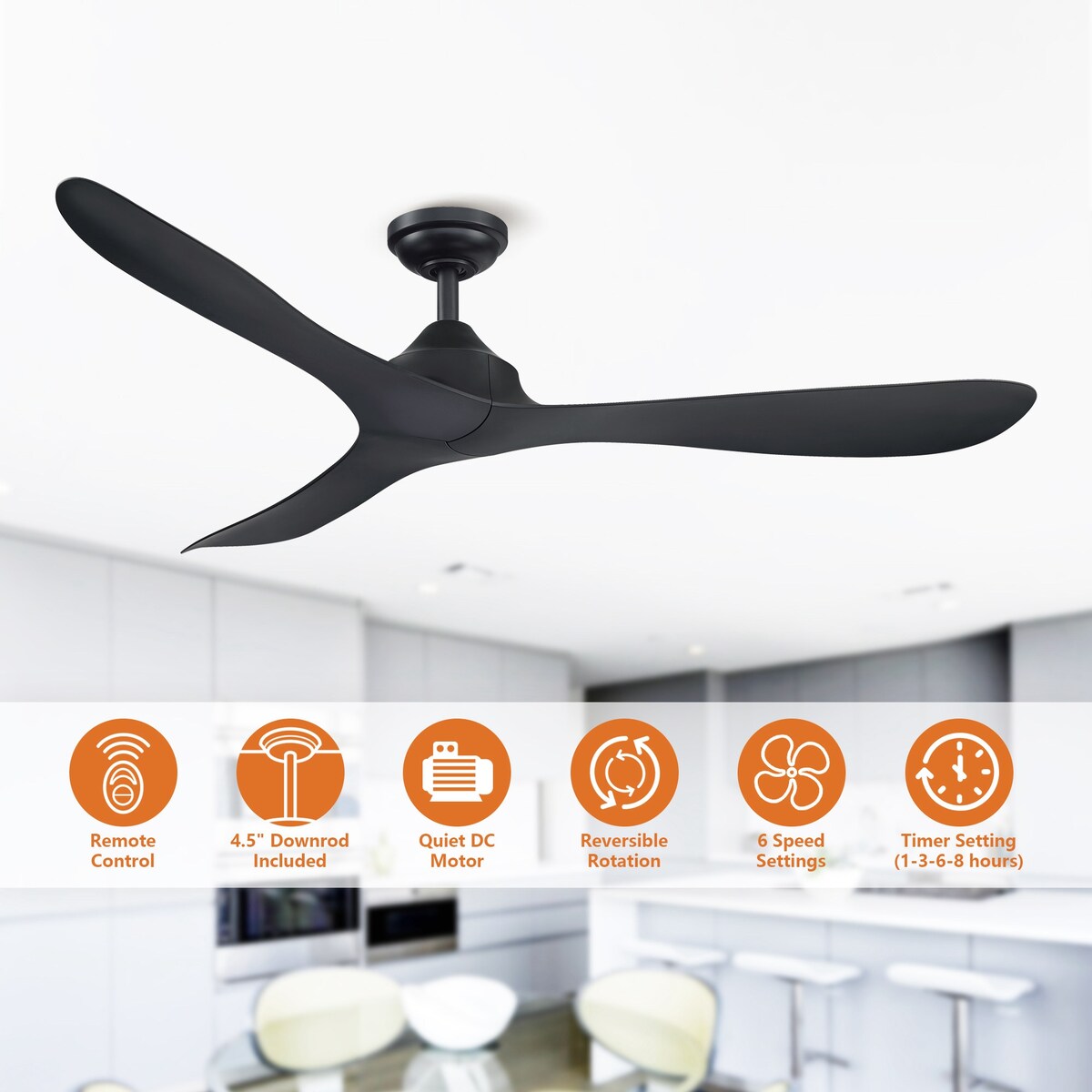 Ventilateur de plafond moderne noir à hélice à courant continu à 3 pales avec télécommande