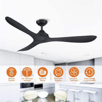 Ventilateur de plafond moderne noir à hélice à courant continu à 3 pales avec télécommande