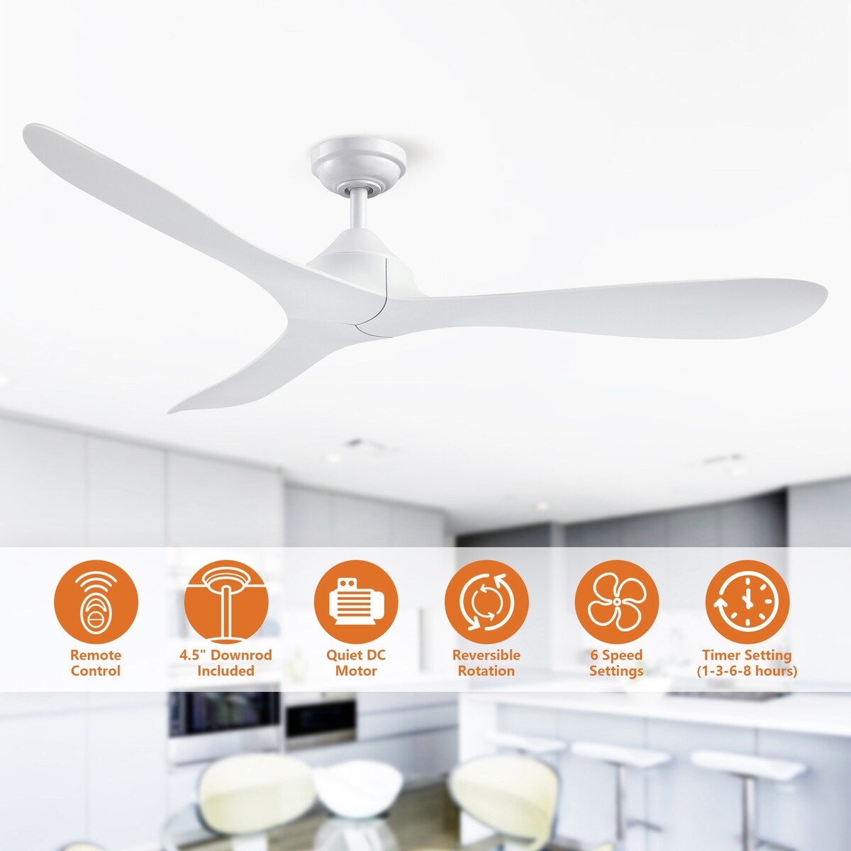 Ventilateur de plafond moderne noir à hélice à courant continu à 3 pales avec télécommande