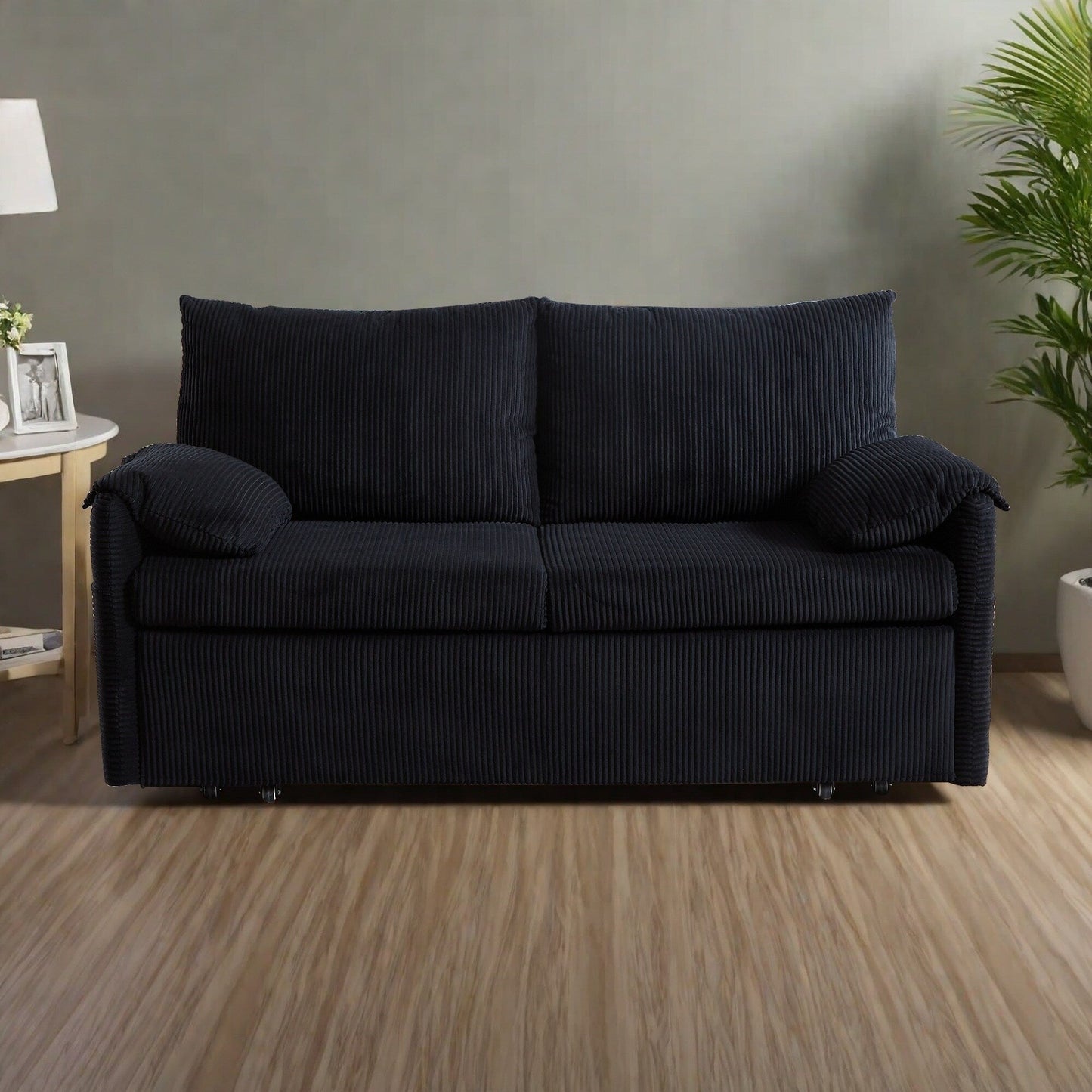 65 Corduroy 3-in-1 2-Seater Sleeper Sofa with Loveseat Side Storage Pocket, High-Density Sponge Cushions