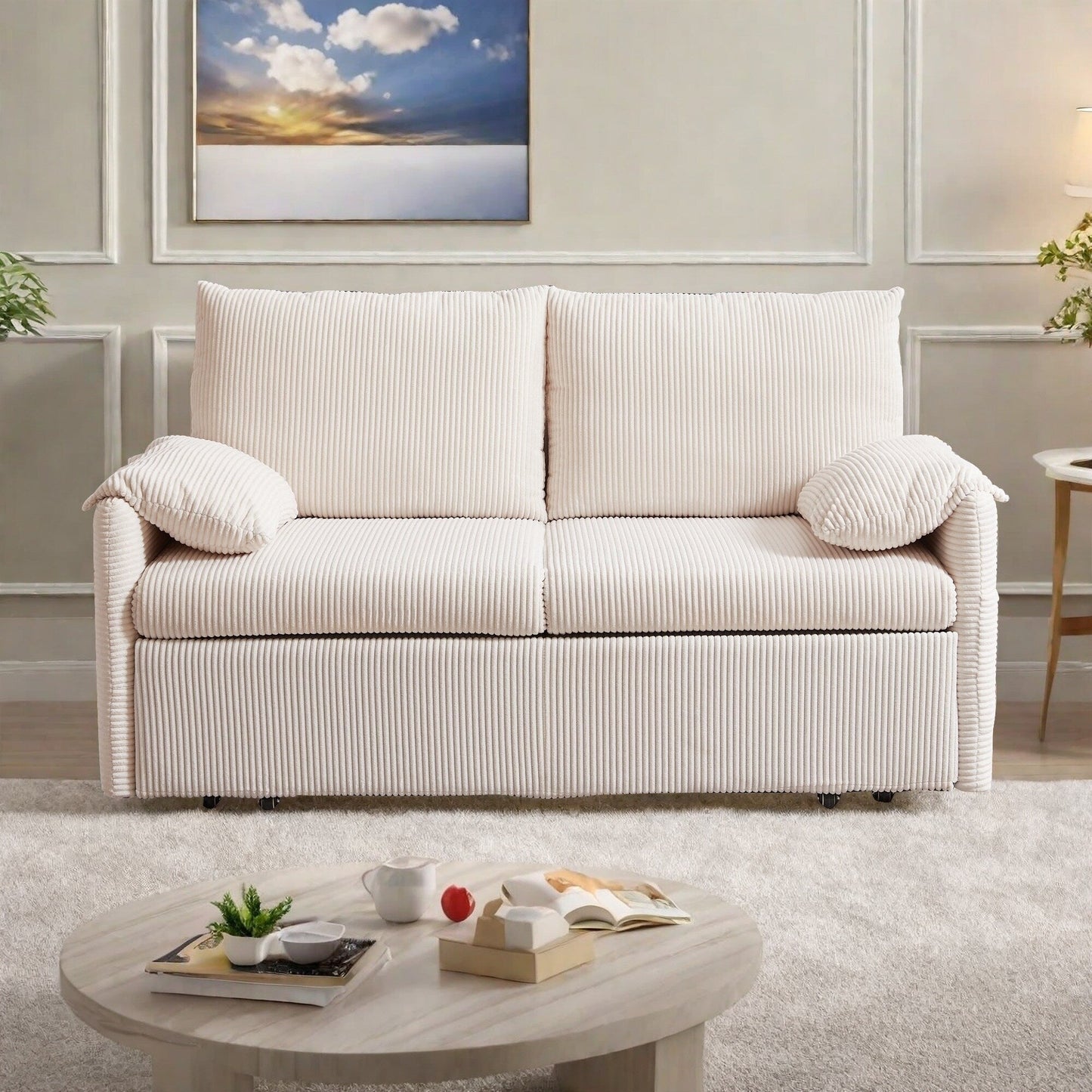 65 Corduroy 3-in-1 2-Seater Sleeper Sofa with Loveseat Side Storage Pocket, High-Density Sponge Cushions