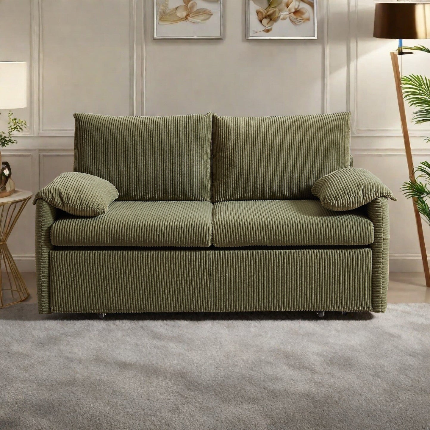 65 Corduroy 3-in-1 2-Seater Sleeper Sofa with Loveseat Side Storage Pocket, High-Density Sponge Cushions