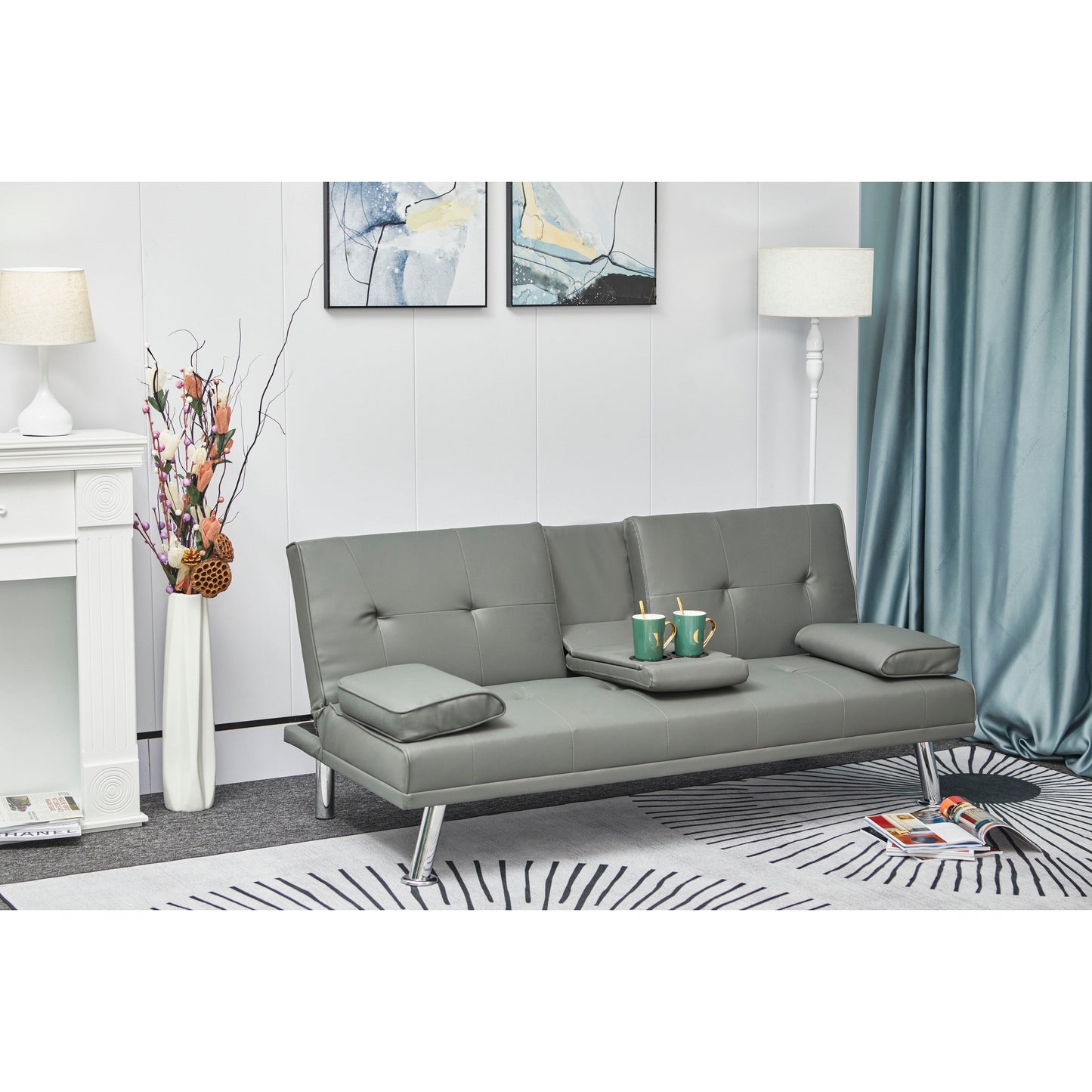Canapé-lit gigogne multifonction en cuir blanc avec table basse - 31,00 x 67,00 x 33,00