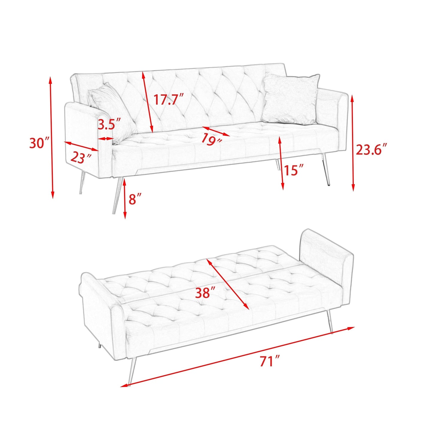 Canapé-lit double convertible rembourré et pliable - 19,00 x 71,00 x 30,00