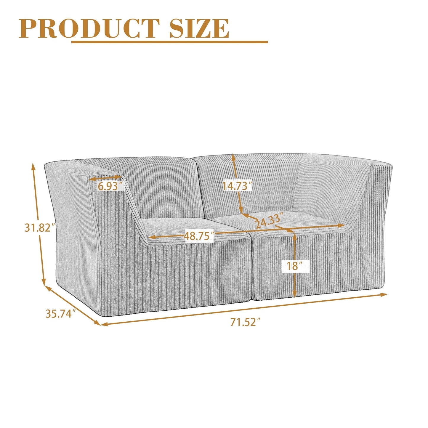 71 W Corduroy Fully Sponge Molded Couch Modular Sectional Sofa
