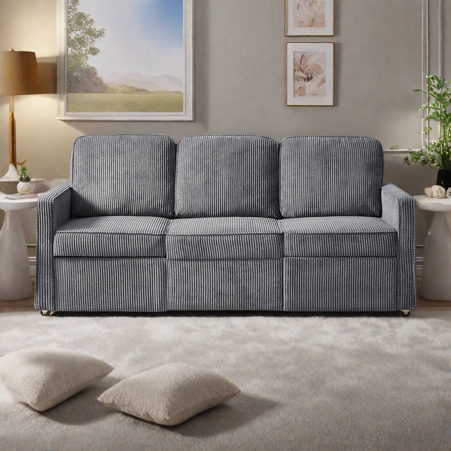72.64 Corduroy 3-Seater Sofa with High-Density Sponge and Spring Cushions
