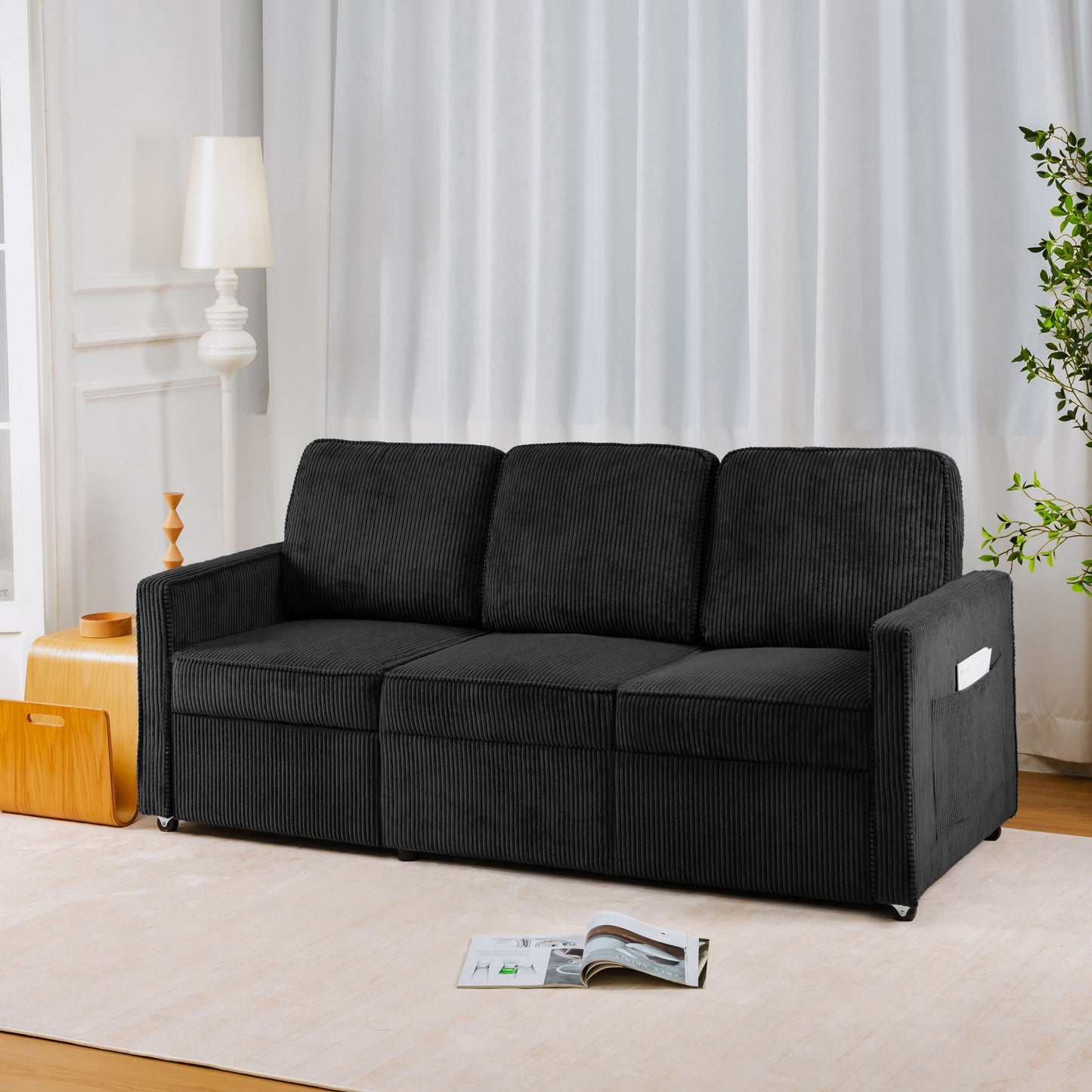 72.64 Corduroy 3-Seater Sofa with High-Density Sponge and Spring Cushions
