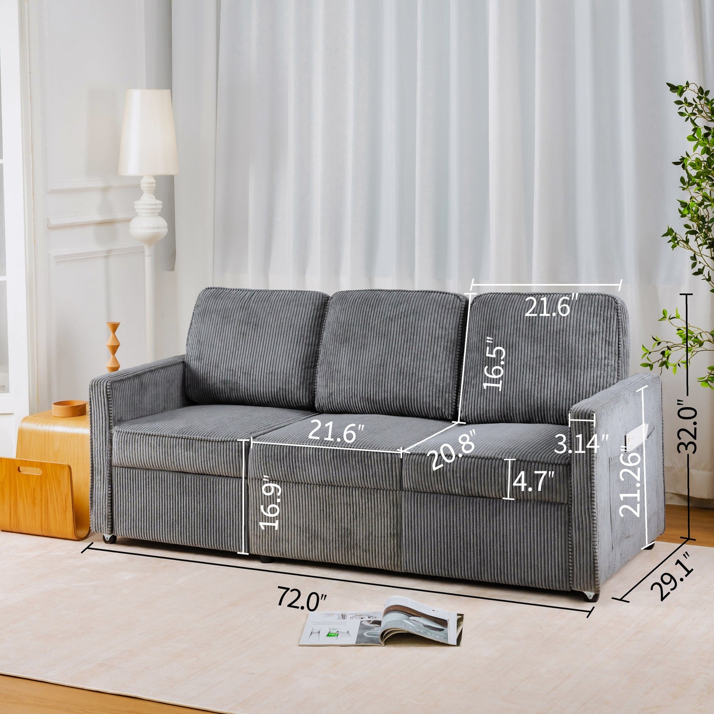72.64 Corduroy 3-Seater Sofa with High-Density Sponge and Spring Cushions