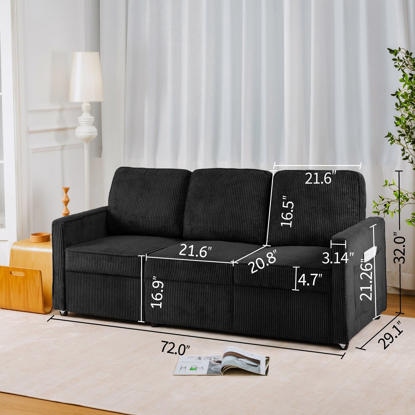 72.64 Corduroy 3-Seater Sofa with High-Density Sponge and Spring Cushions
