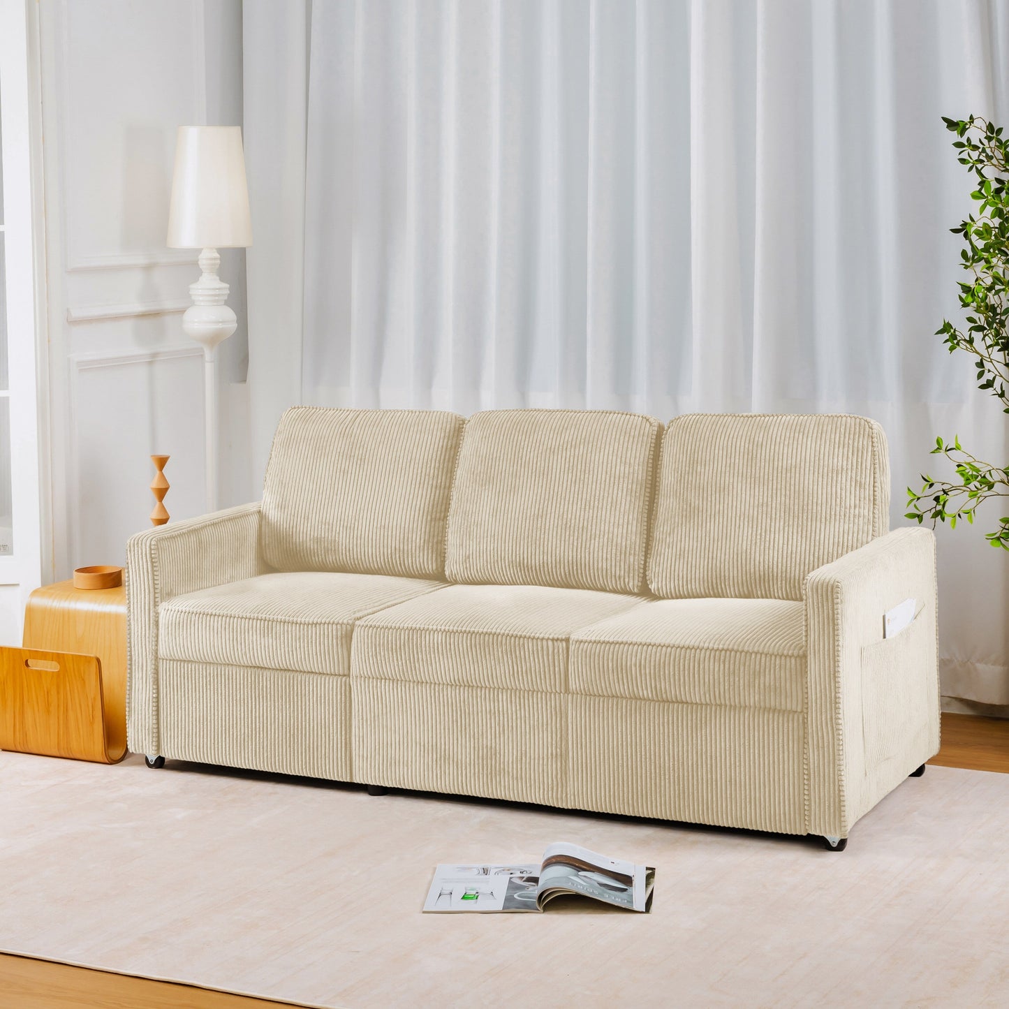 72.64 Corduroy 3-Seater Sofa with High-Density Sponge and Spring Cushions