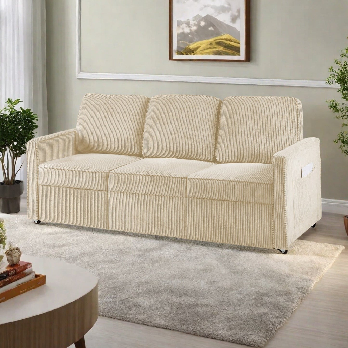 72.64 Corduroy 3-Seater Sofa with High-Density Sponge and Spring Cushions