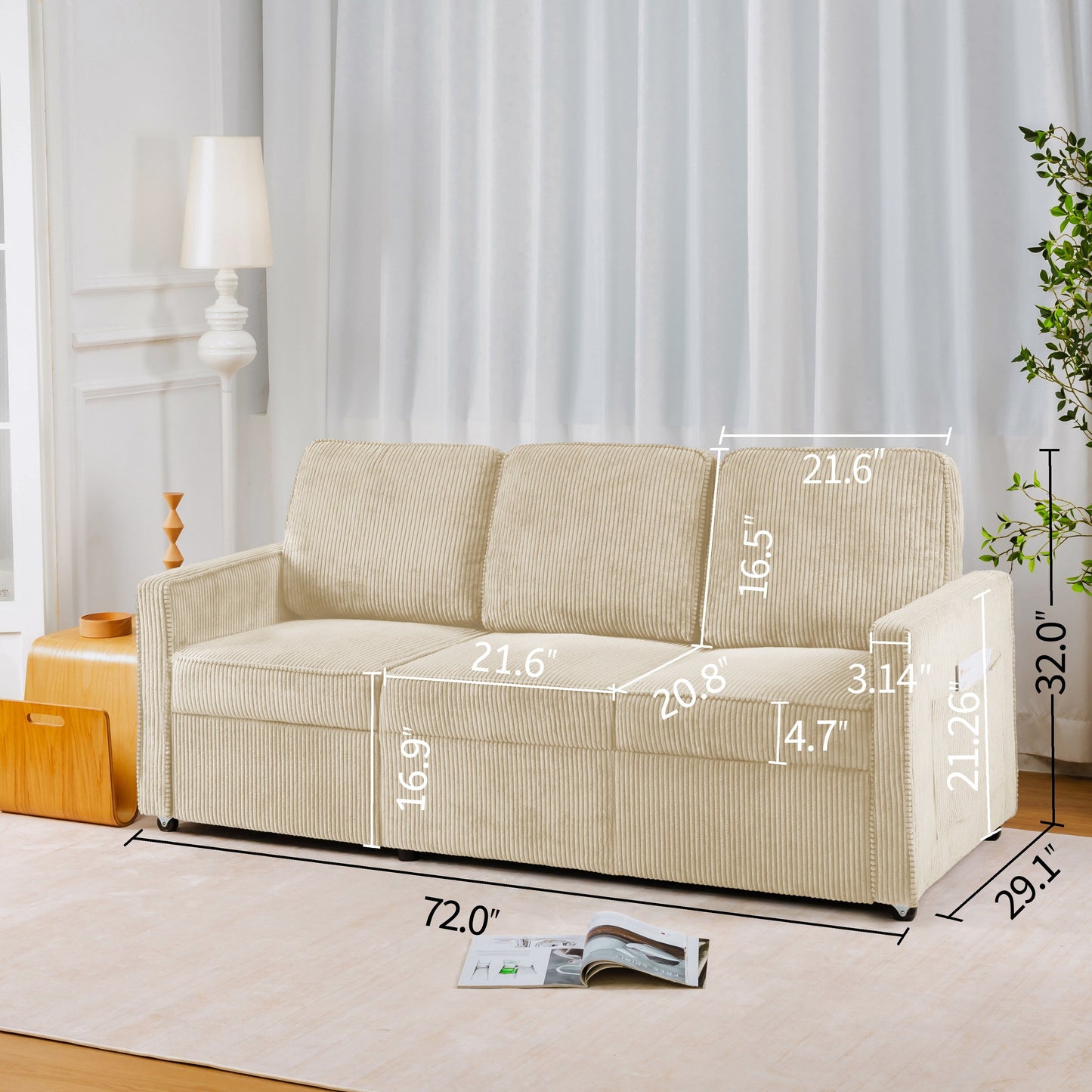 72.64 Corduroy 3-Seater Sofa with High-Density Sponge and Spring Cushions